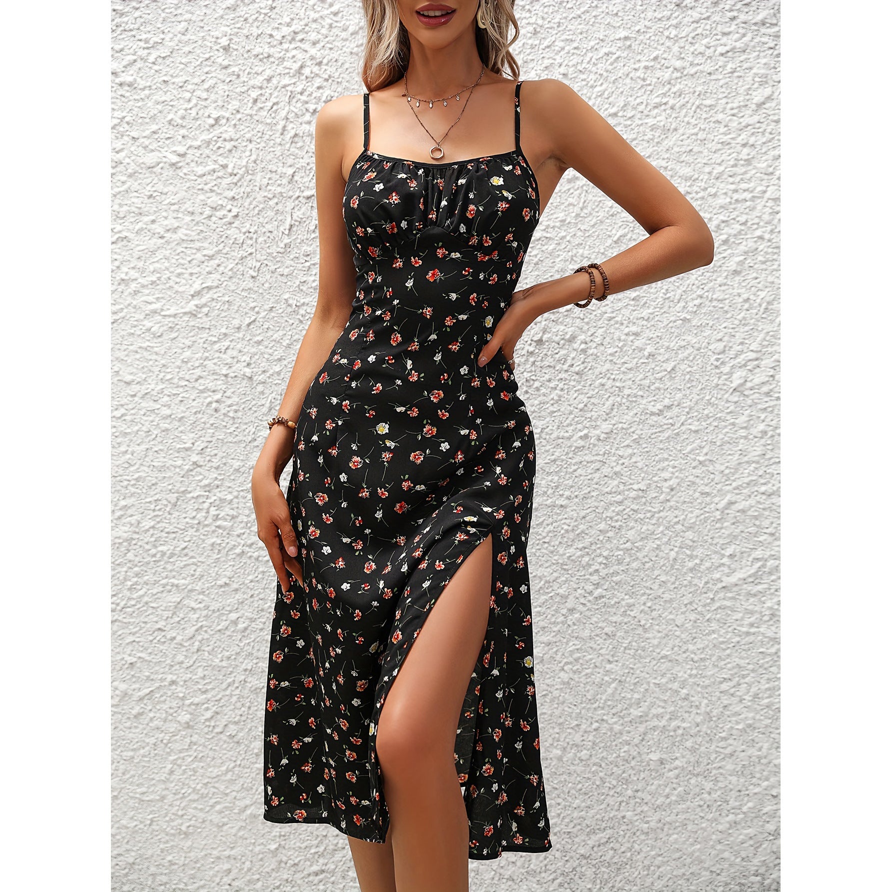 Women's Polka Dot Suspender Party Dress – Split Long Dress for Evening Glamour